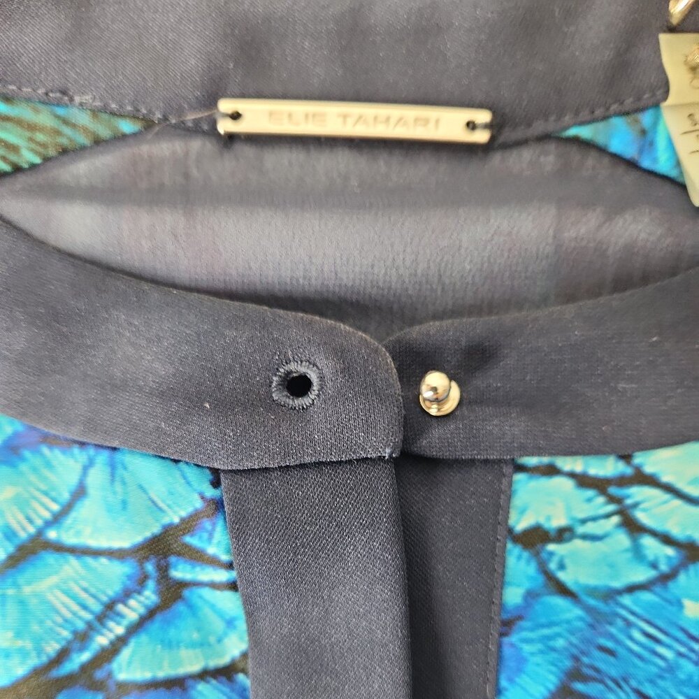 Elie Tahari vibrant blue peacock feather print top lightweight dual-layer S - Picture 9 of 12